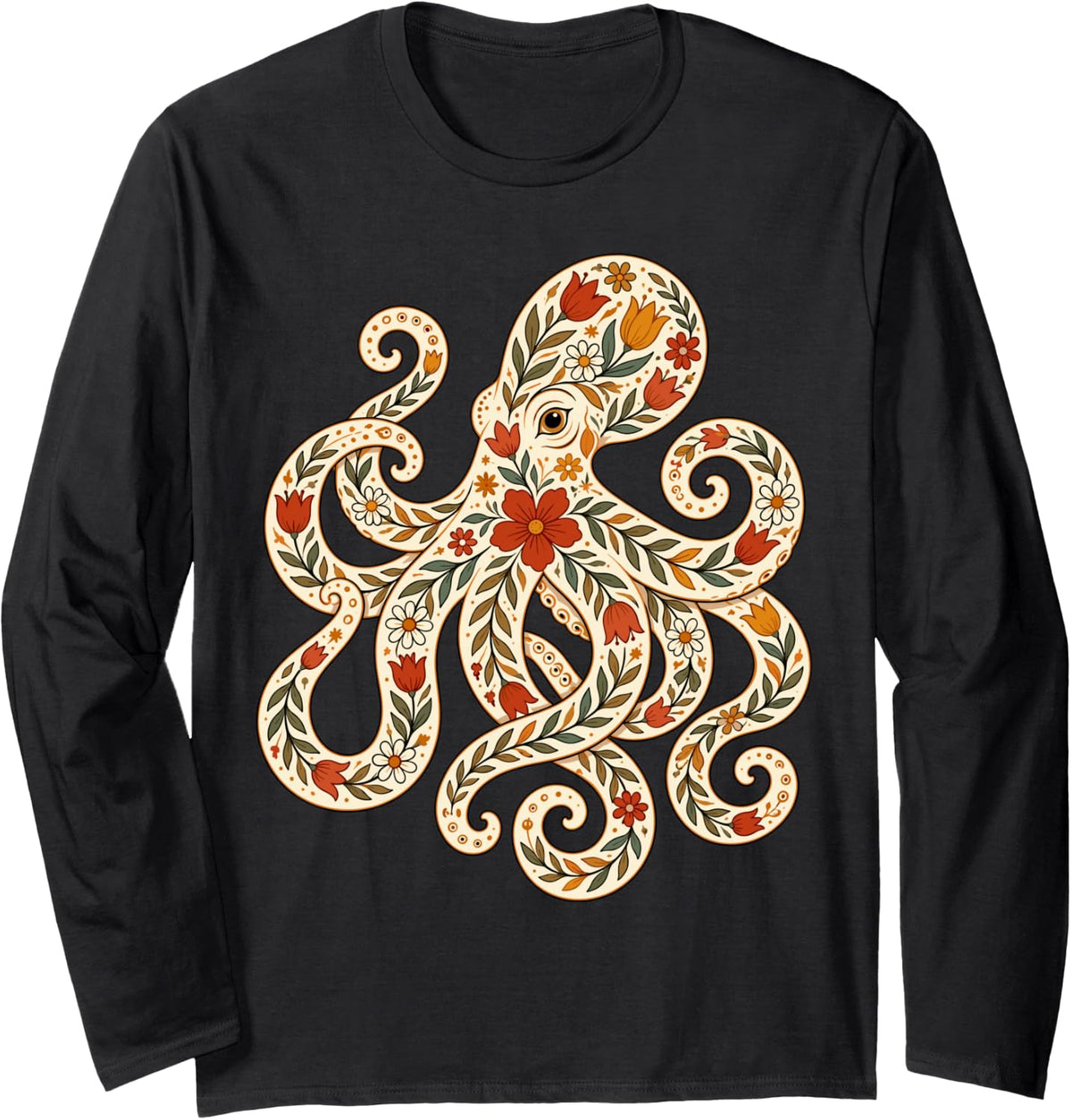 Octopus Flowers Botanical Octopus Lover Long Sleeve T-Shirt - Adult Unisex Black