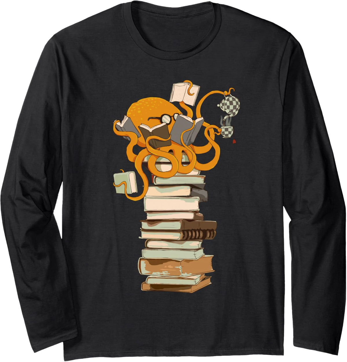 Reading Octopus, Tea, Coffee and Books Gift Long Sleeve T-Shirt - Adult Unisex Black
