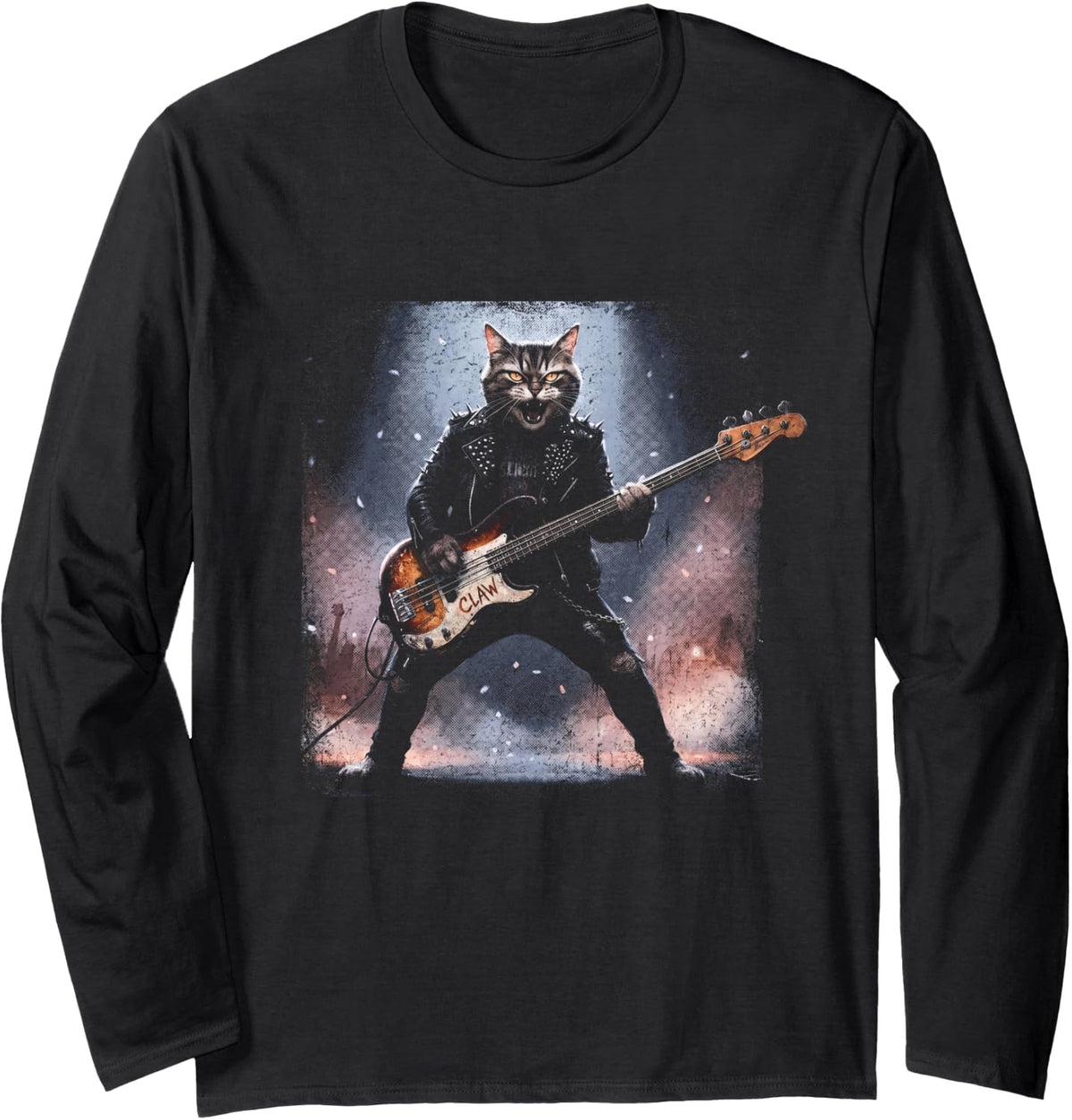 Heavy Metal Cat Bass Guitar Player Punk Rocker Musician Long Sleeve T-Shirt - Adult Unisex Black