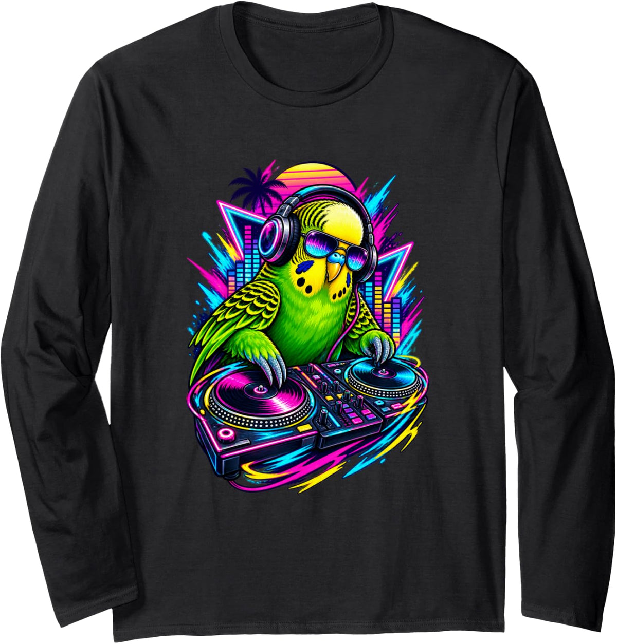 DJ Budgie with Headphones and Turntables Long Sleeve T-Shirt - Adult Unisex Black