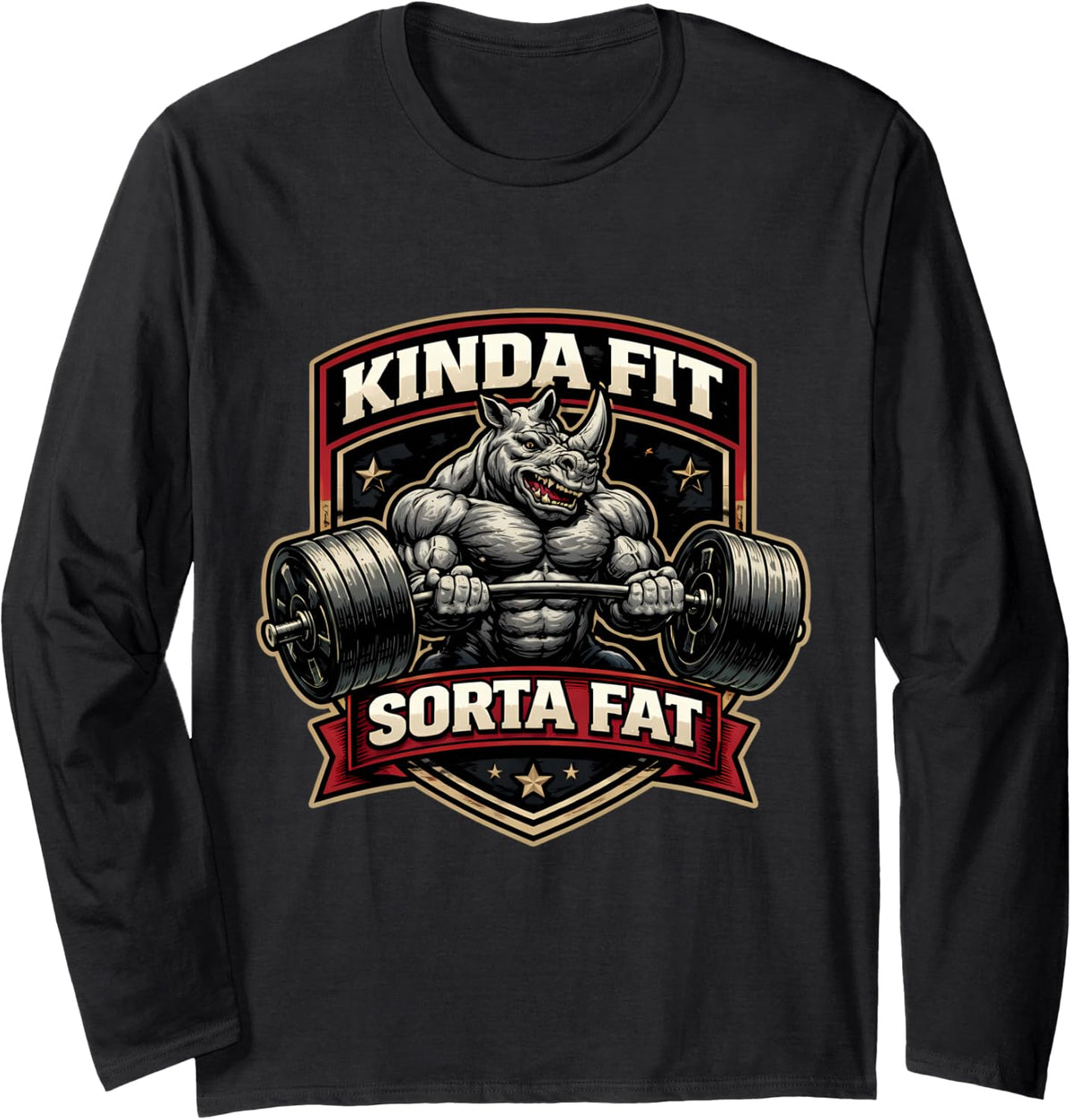 Kinda Fit Sorta Fat Funny Gym Rhino Weightlifting Workout Long Sleeve T-Shirt - Adult Unisex Black