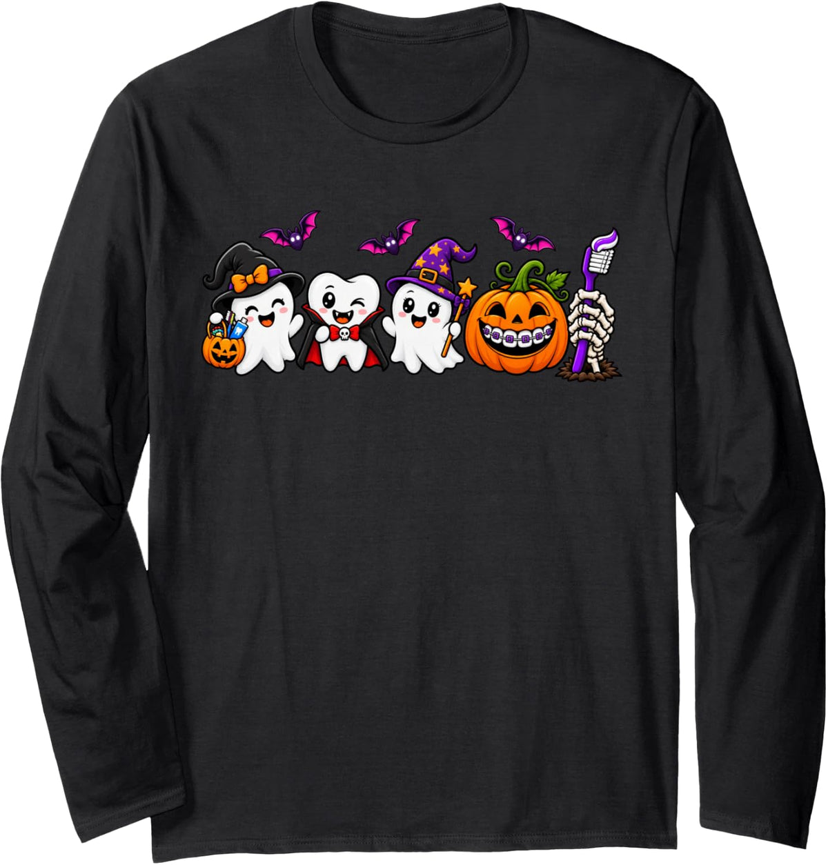 Halloween Dentist Ghost Pumpkin Witch Long Sleeve T-Shirt - Adult Unisex Black