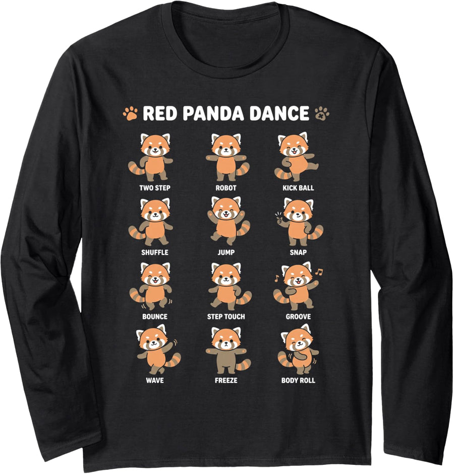 Red Panda Dance Kawaii Poses Cute Funny Animal Chart Long Sleeve T-Shirt - Adult Unisex Black
