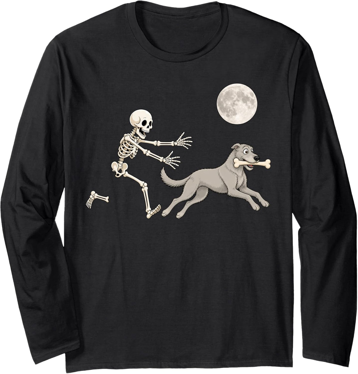 Irish Wolfhound Running Skeleton Retro Halloween Dog Long Sleeve T-Shirt - Adult Unisex Black