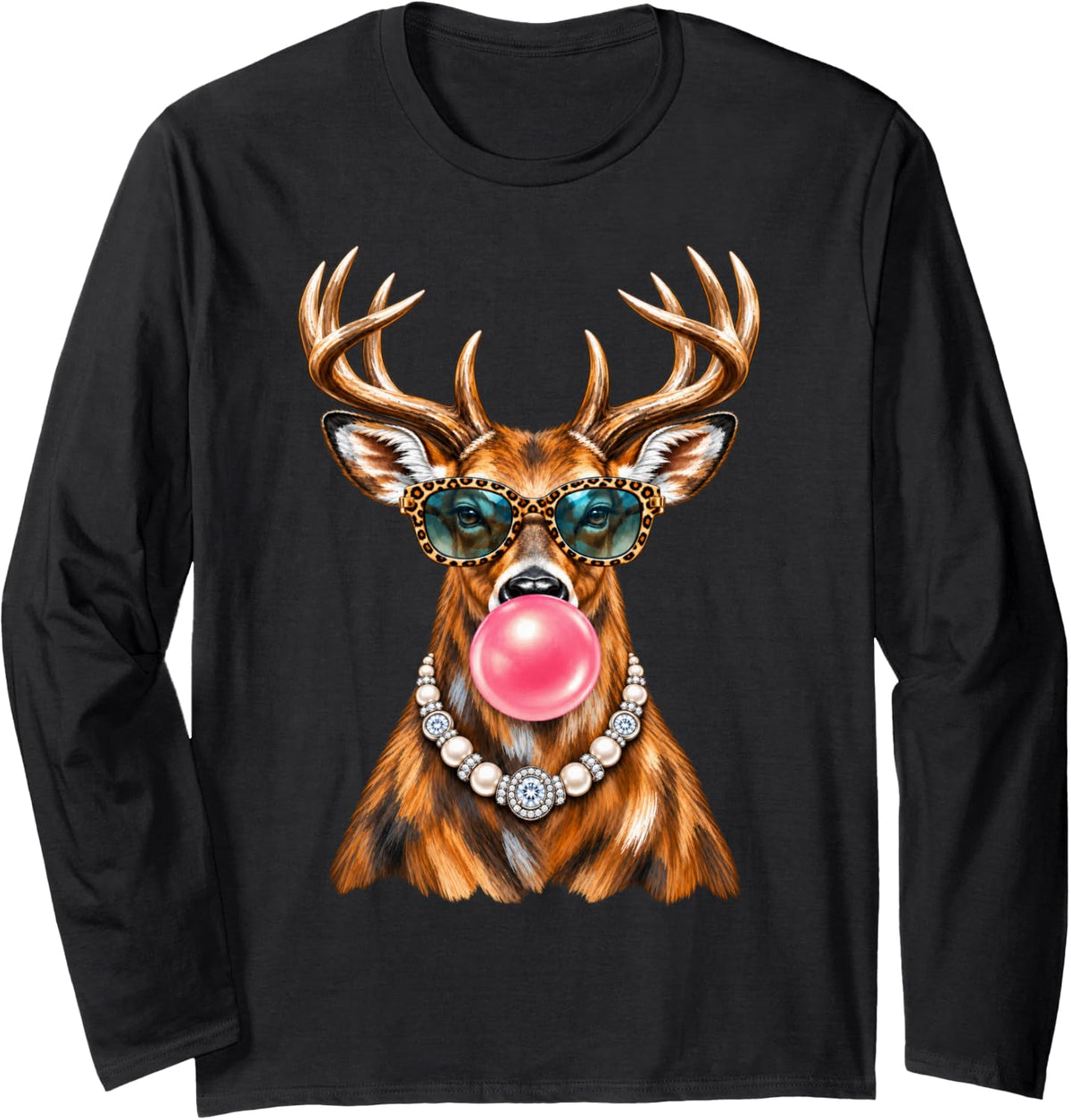 Funny Deer Wearing Glasses and Blowing Pink Bubble Gum Long Sleeve T-Shirt - Adult Unisex Black