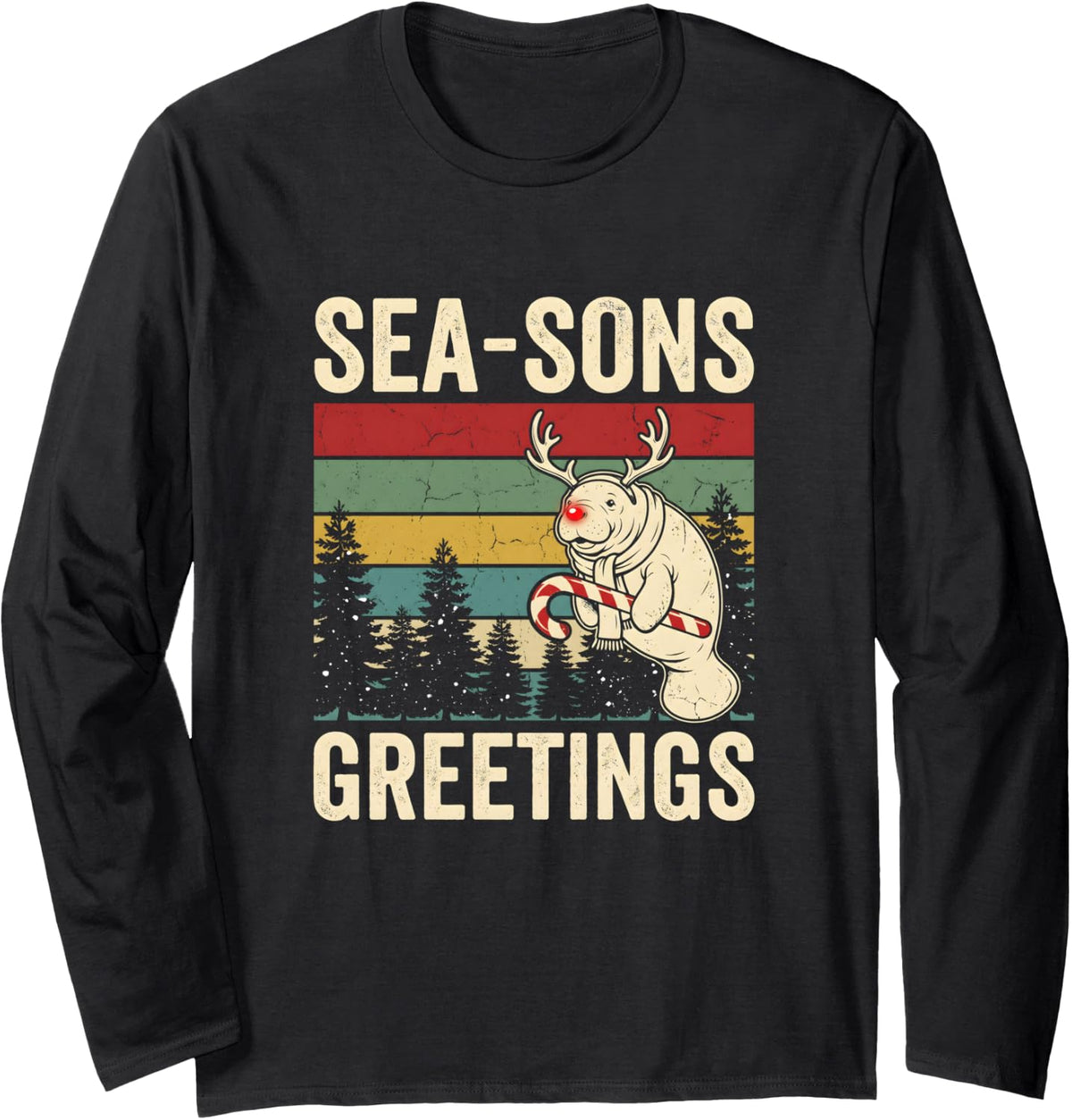 Manatee Christmas sea sons Greetings Holiday Pun Long Sleeve T-Shirt - Adult Unisex Black