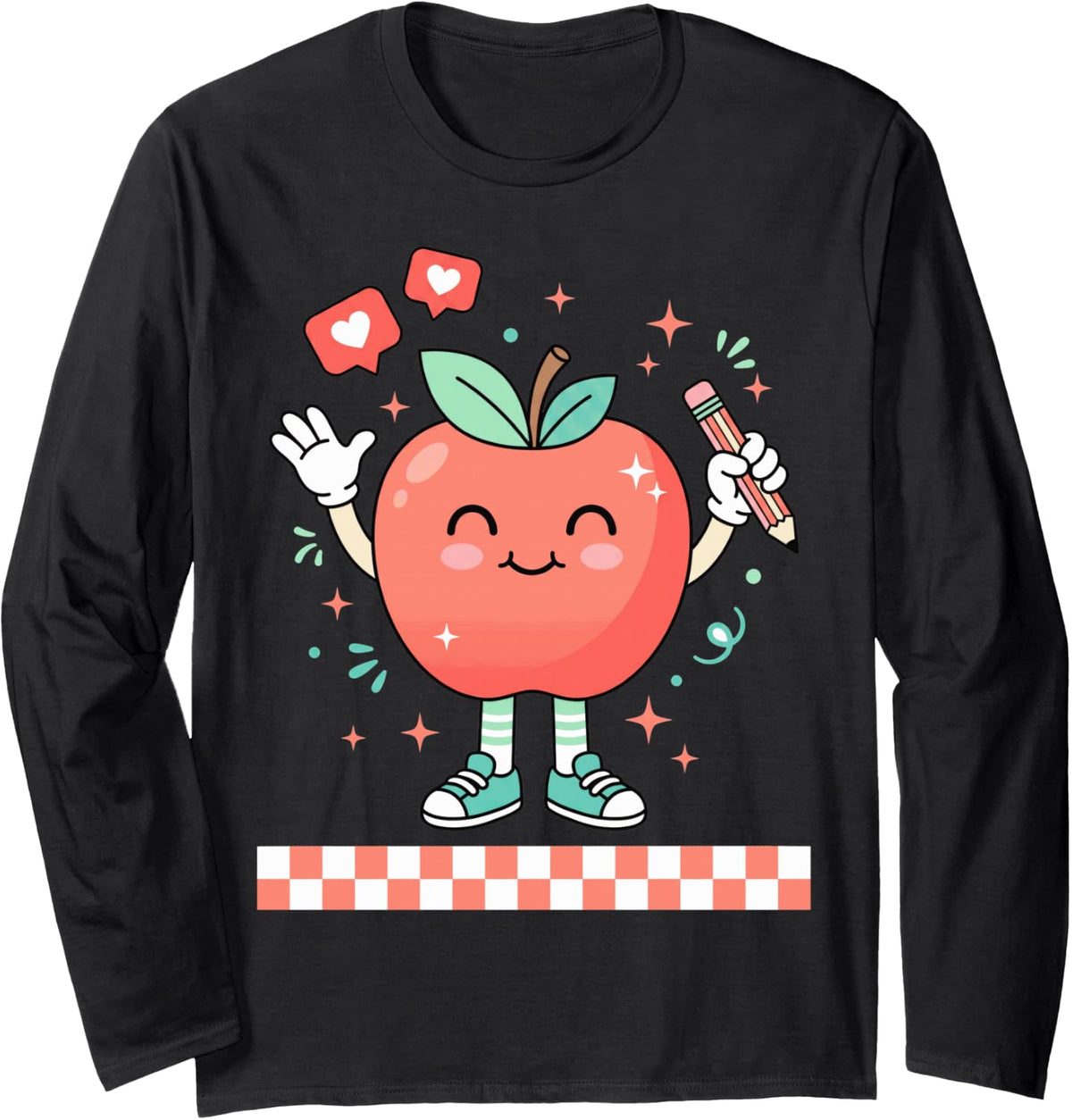 Cute Retro Checkered Apple Teacher Pencil Trendy Pre-k Long Sleeve T-Shirt - Adult Unisex Black
