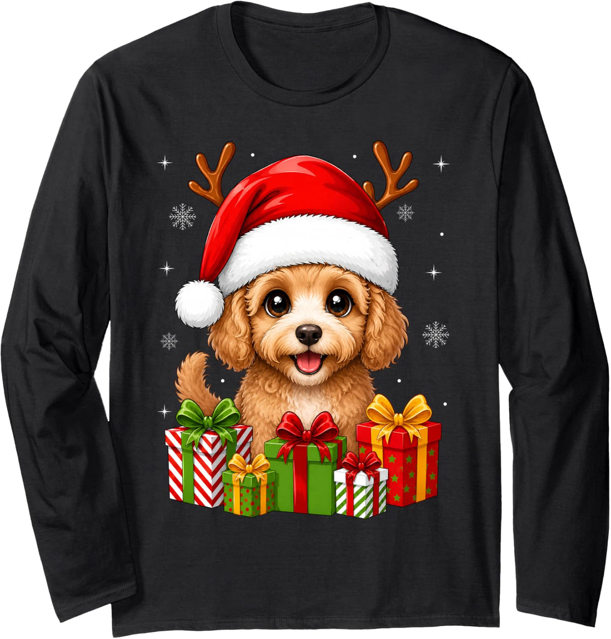 Xmas Decor Cute Festive Santa Hat Cockapoo Dog Christmas Long Sleeve T-Shirt - Adult Unisex Black