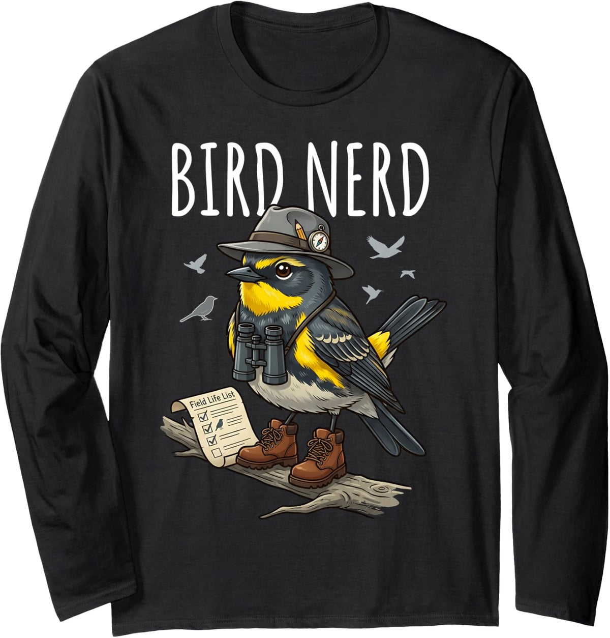 Bird Nerd Cute Warbler Birdwatcher with Hiking Gear Long Sleeve T-Shirt - Adult Unisex Black