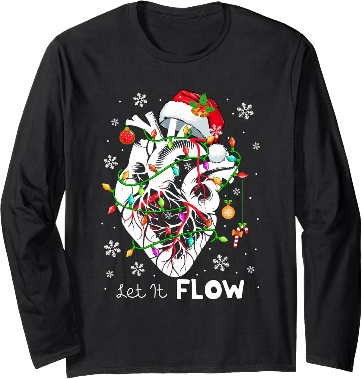Let It Flowing Xmas Anatomy Santa Heart Part Cardiac Nurse Long Sleeve T-Shirt - Adult Unisex Black