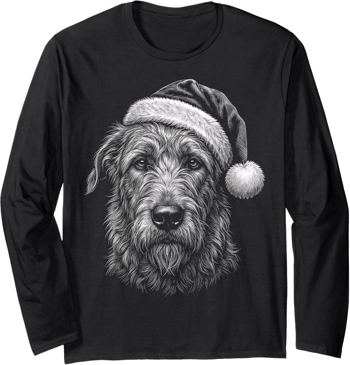 Irish Wolfhound Christmas Santa Hat Long Sleeve T-Shirt - Adult Unisex Black