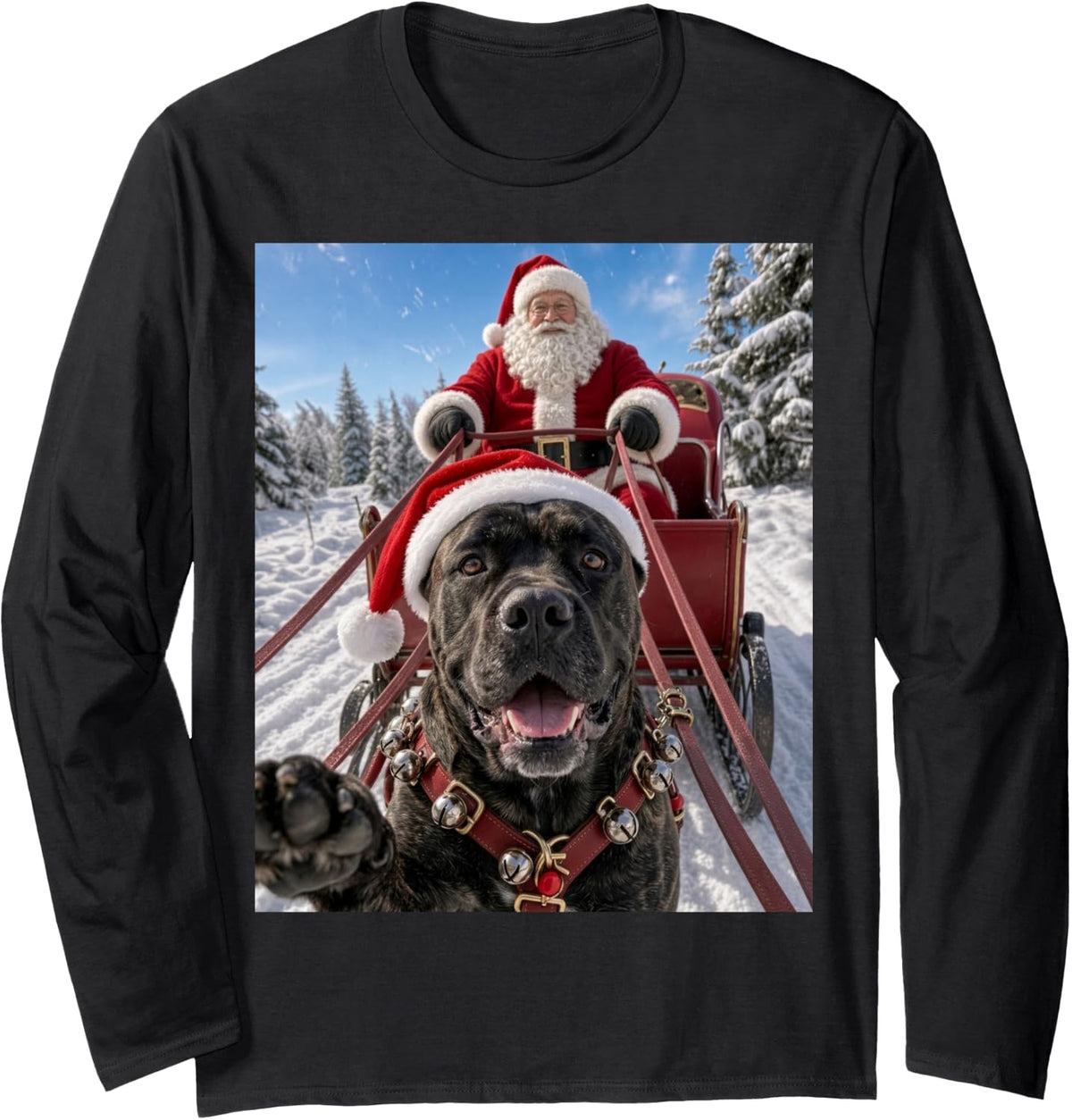 Cane Corso Pulling Santa Sleigh Funny Ugly Christmas Dog Long Sleeve T-Shirt - Adult Unisex Black