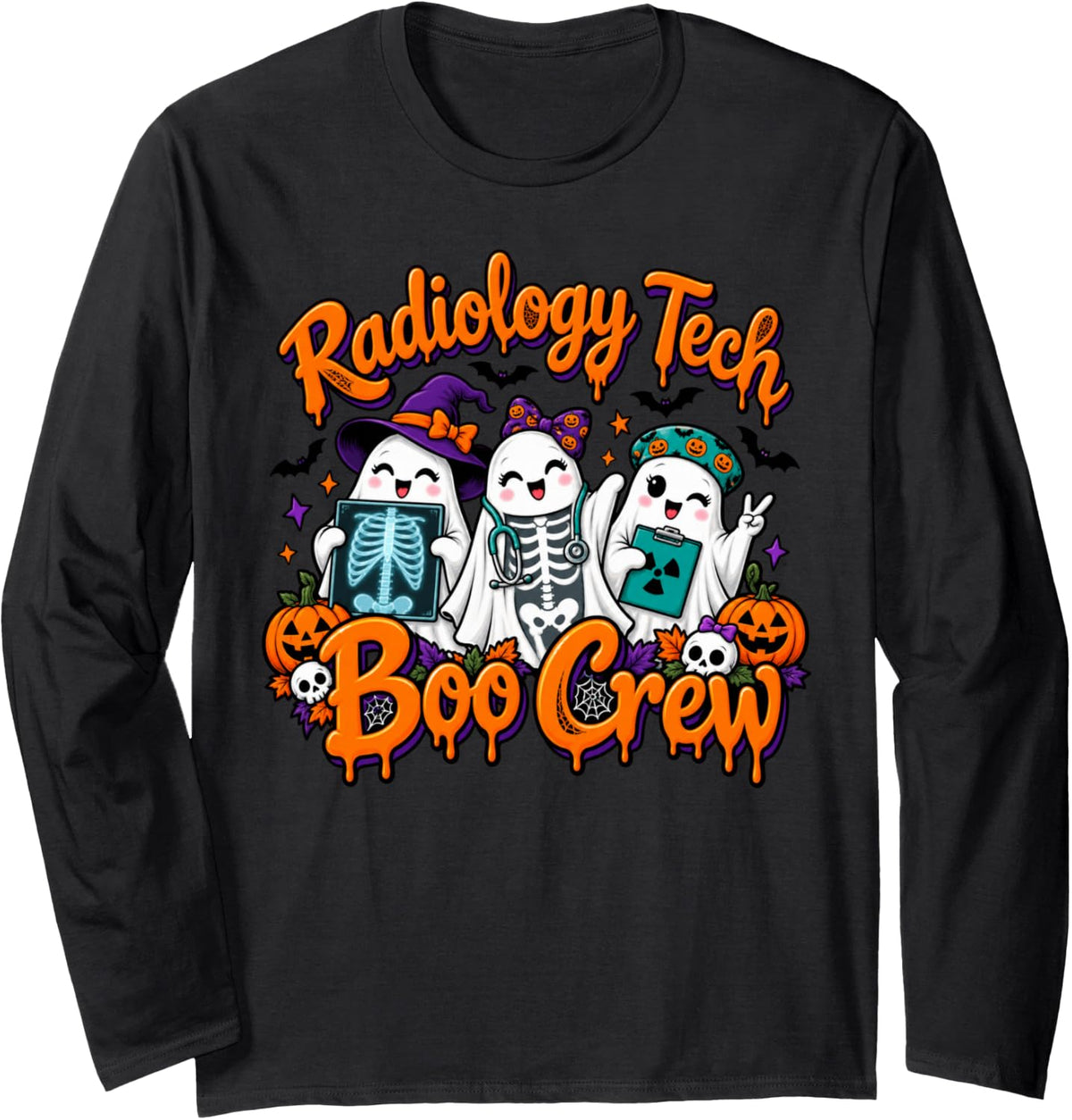 Radiology Tech Boo Crew Halloween Ghost Matching Costume Long Sleeve T-Shirt - Adult Unisex Black
