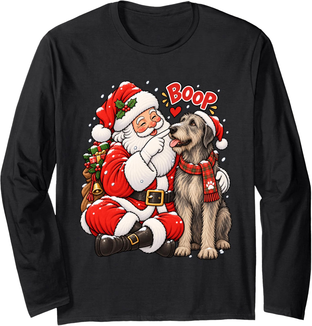 Funny Irish Wolfhound Boop Santa Christmas Long Sleeve T-Shirt - Adult Unisex Black