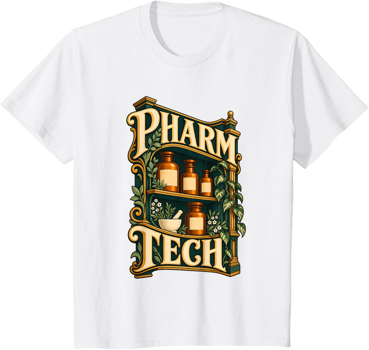Pharmacy Technician Pharm Tech Apothecary Bottle Shelf T-Shirt - White