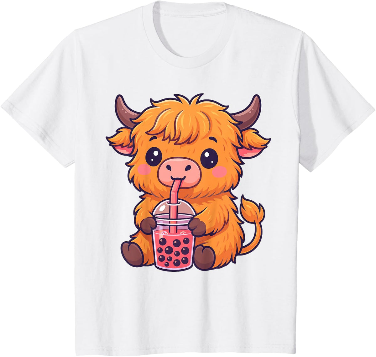 Highland Cow with Boba Bubble Tea T-Shirt - White