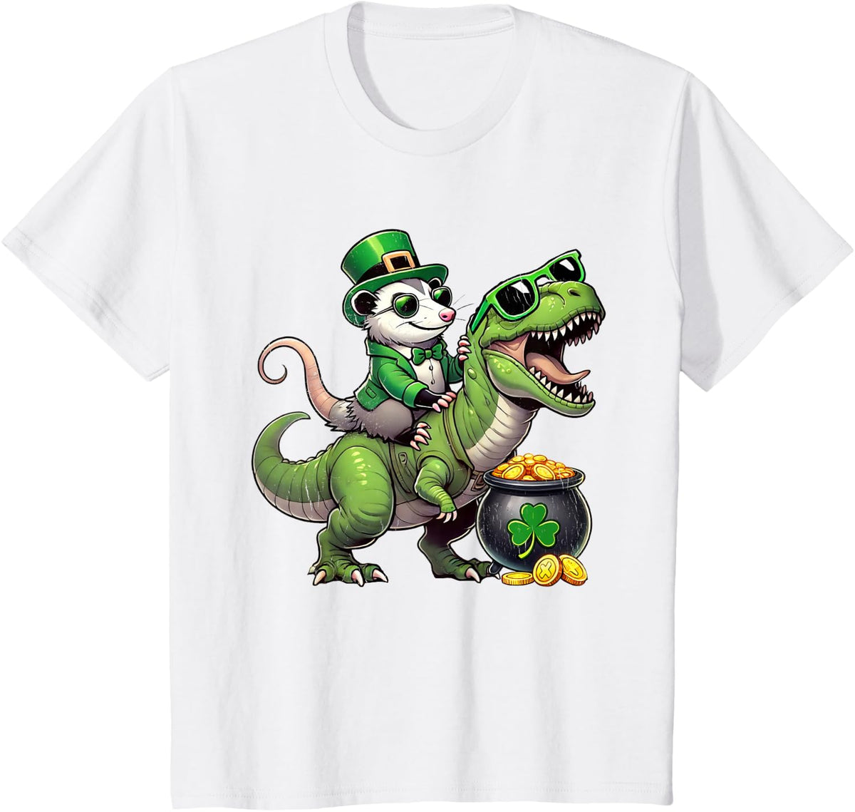 Opossum Riding Trex St Patricks Day Funny Possum Leperchaun T-Shirt - White