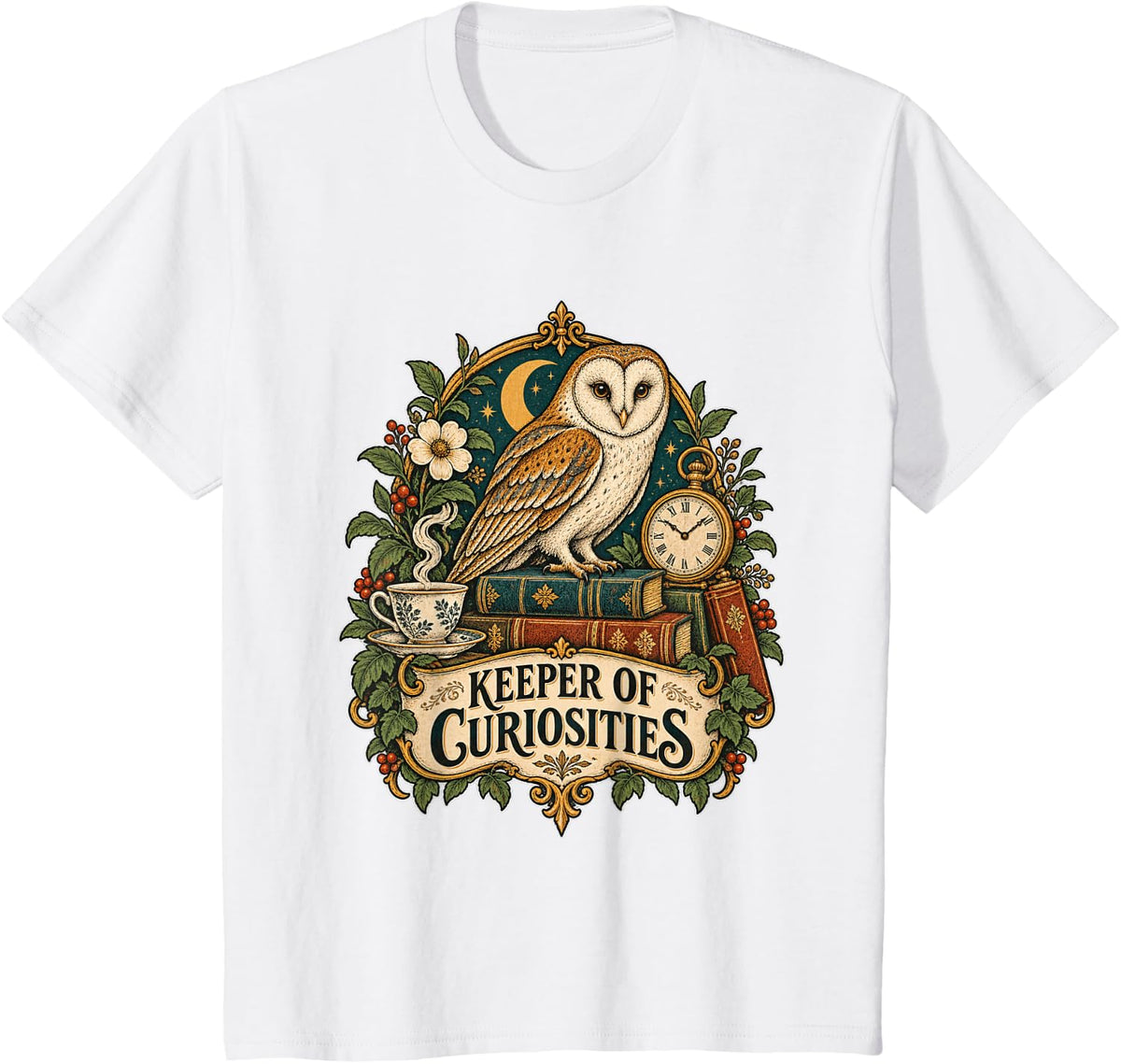 Curiosity Collector Owl Books Vintage Aesthetic T-Shirt - White