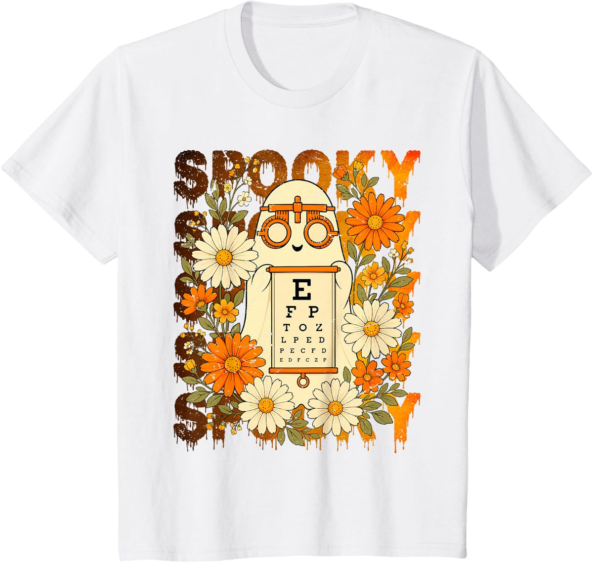 Halloween Retro Spooky Ghost Optometrist Flowers Women Men T-Shirt - White