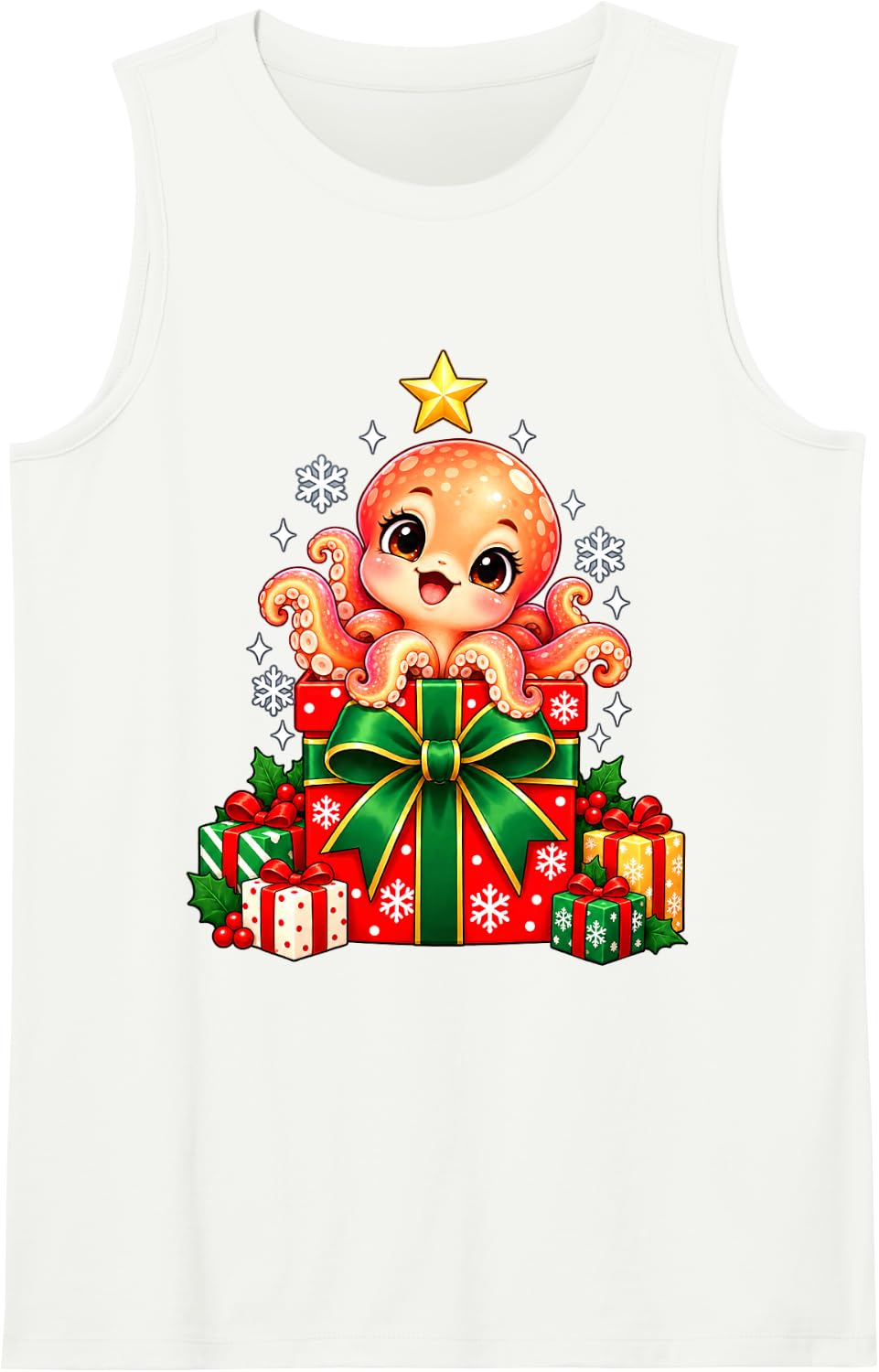 Smiling Octopus Christmas Box Holiday Graphic Sleeveless Tank Top - White