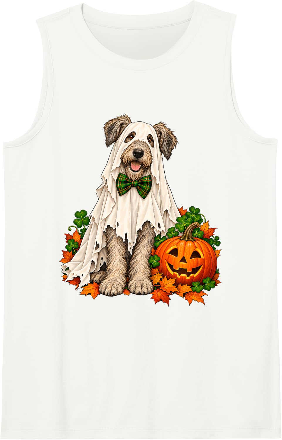 Irish Wolfhound Ghost Halloween Pumpkin Sleeveless Tank Top - White