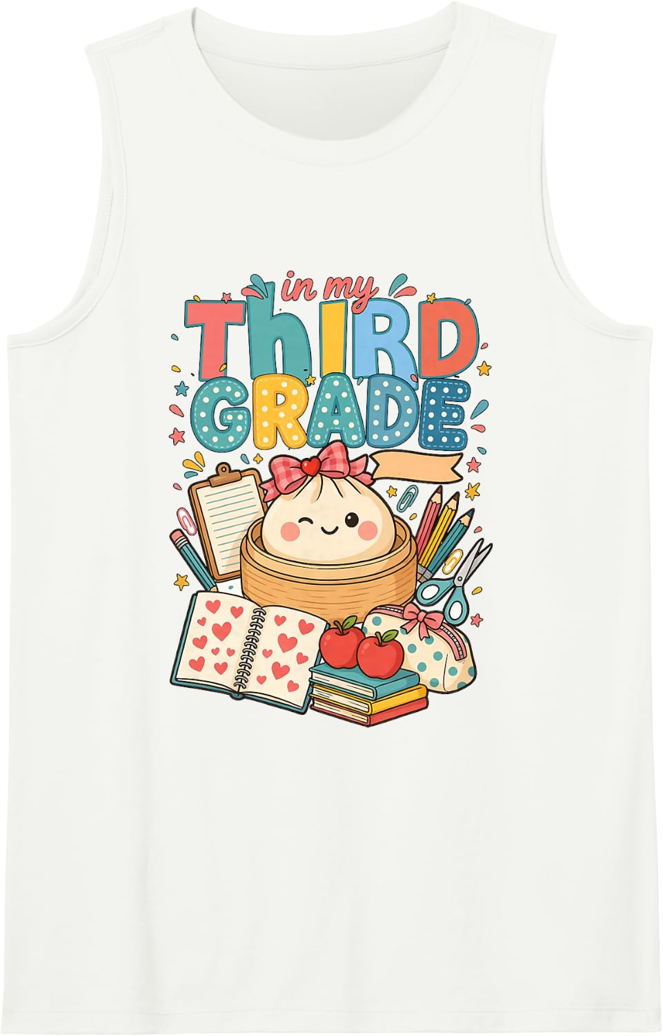 in My Third Grade Kid 3rd Grader Cute Dumpling School Girl Sleeveless Tank Top - White