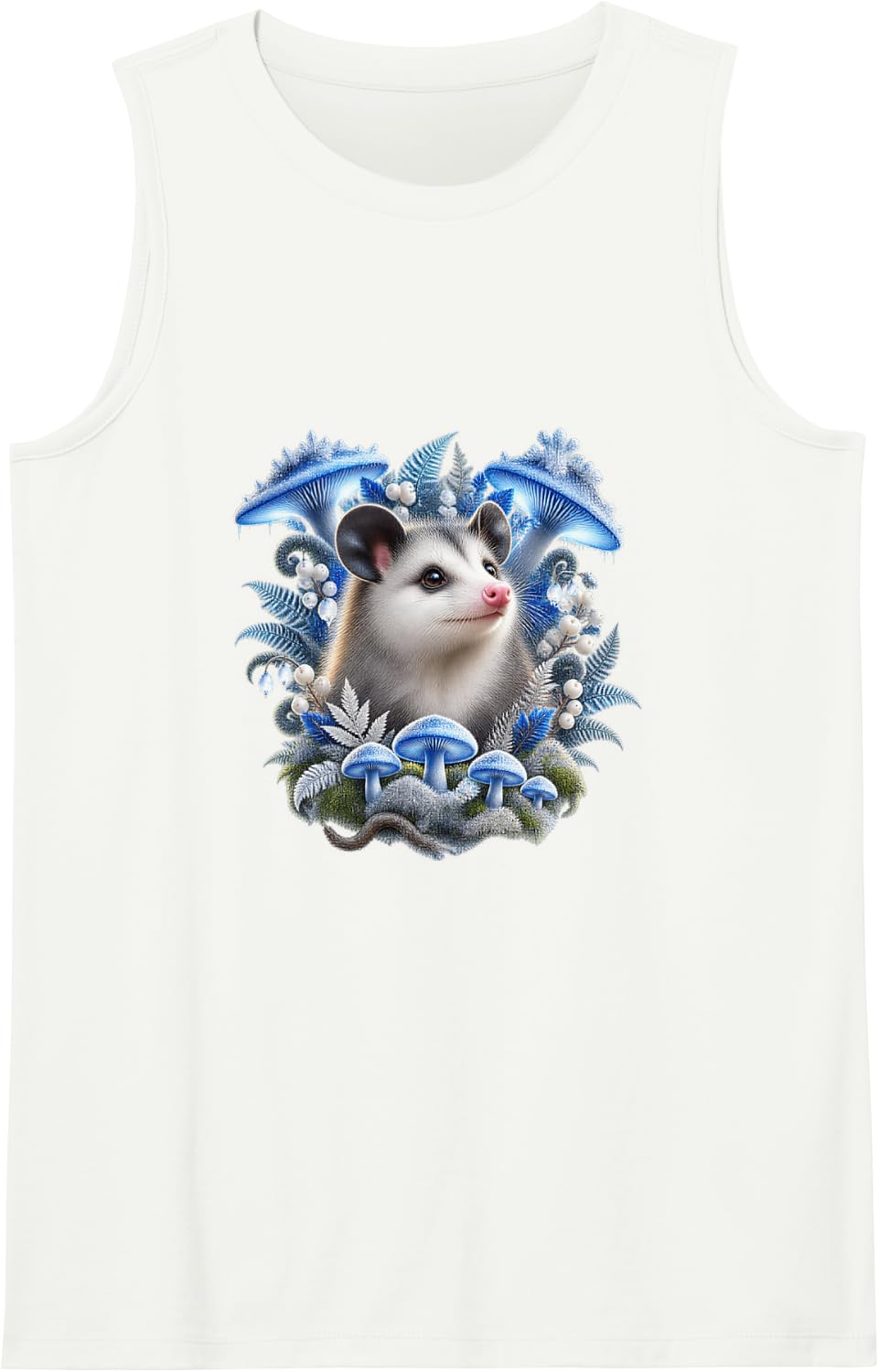 Opossum Among Blue Fungi Sleeveless Tank Top - White