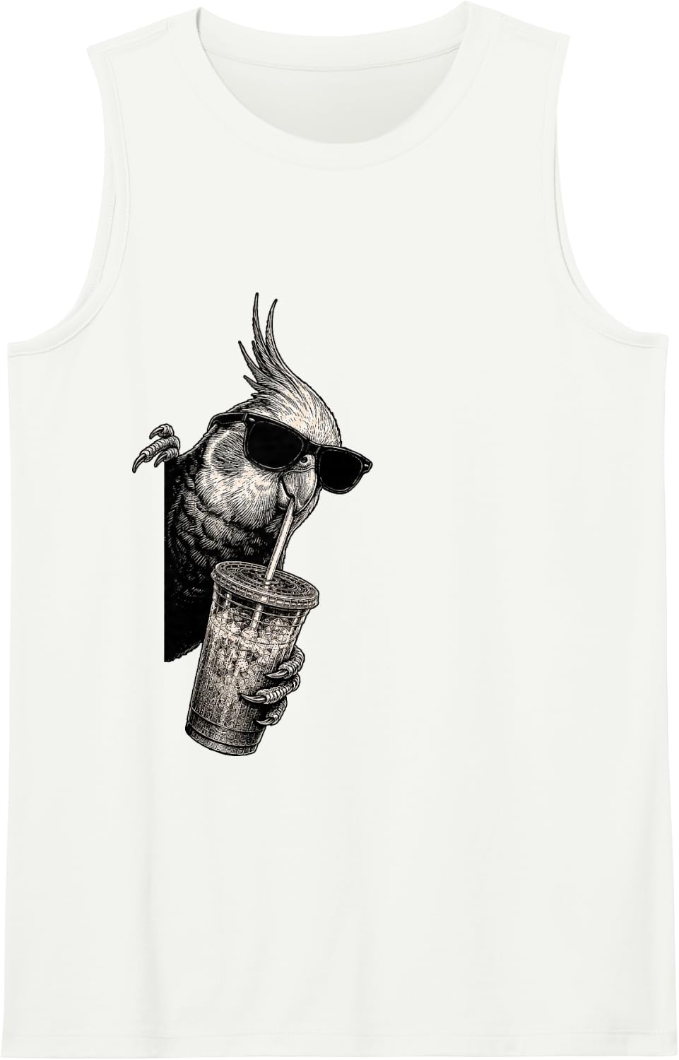 Funny Cockatiel Peeking Drinking Iced Coffee Bird Humor Sleeveless Tank Top - White