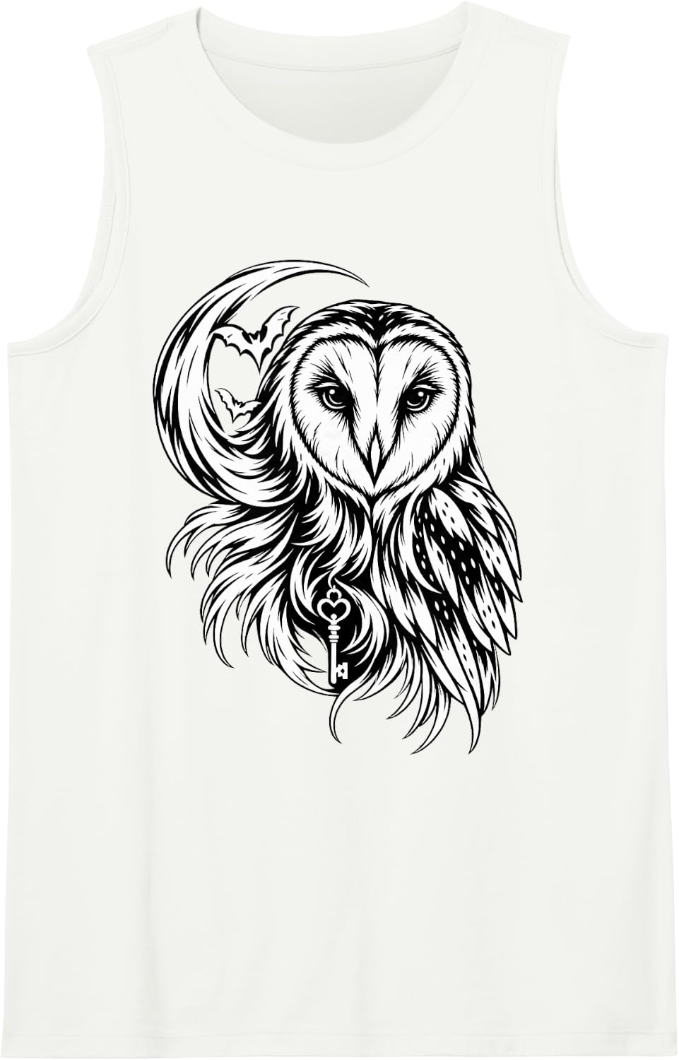 Mystical Barn Owl Crescent Moon Bats Skeleton Key Art Sleeveless Tank Top - White