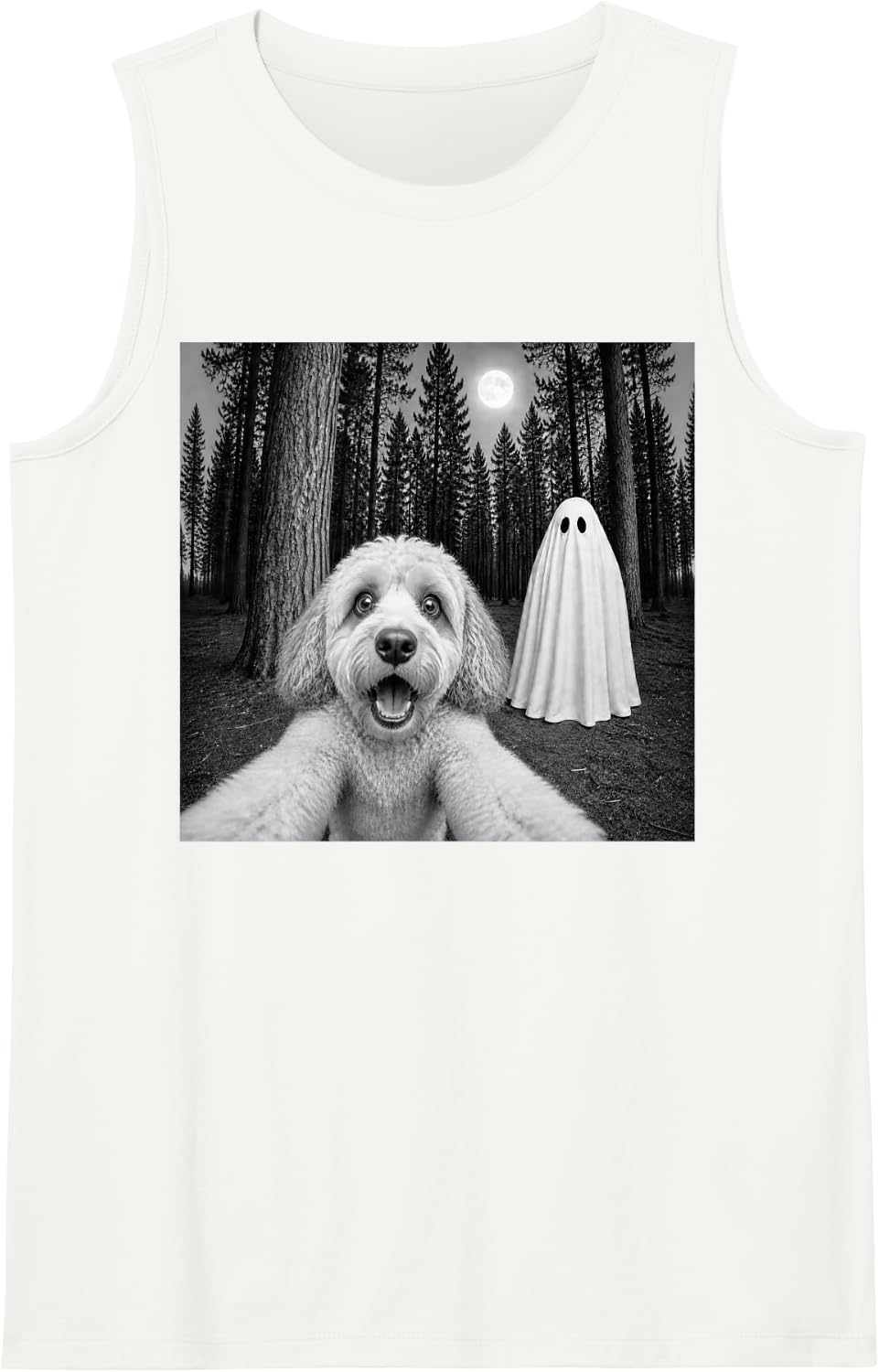 Spooky Cockapoo Selfie with Ghost Halloween Doodle Dog Sleeveless Tank Top - White