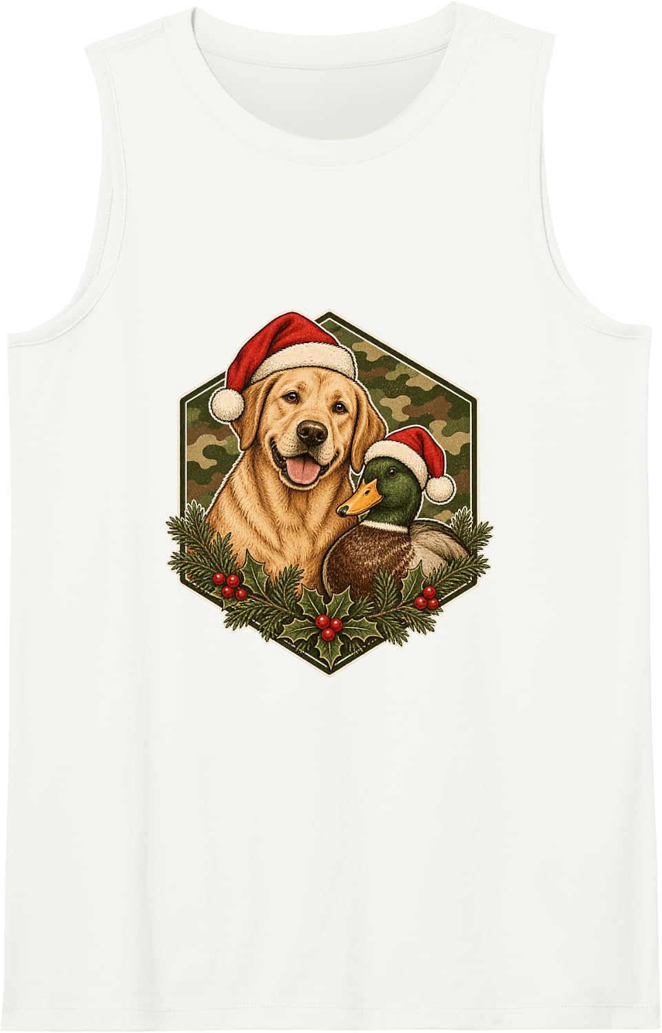 Camo Hexagon Golden Retriever Mallard Duck Christmas Sleeveless Tank Top - White
