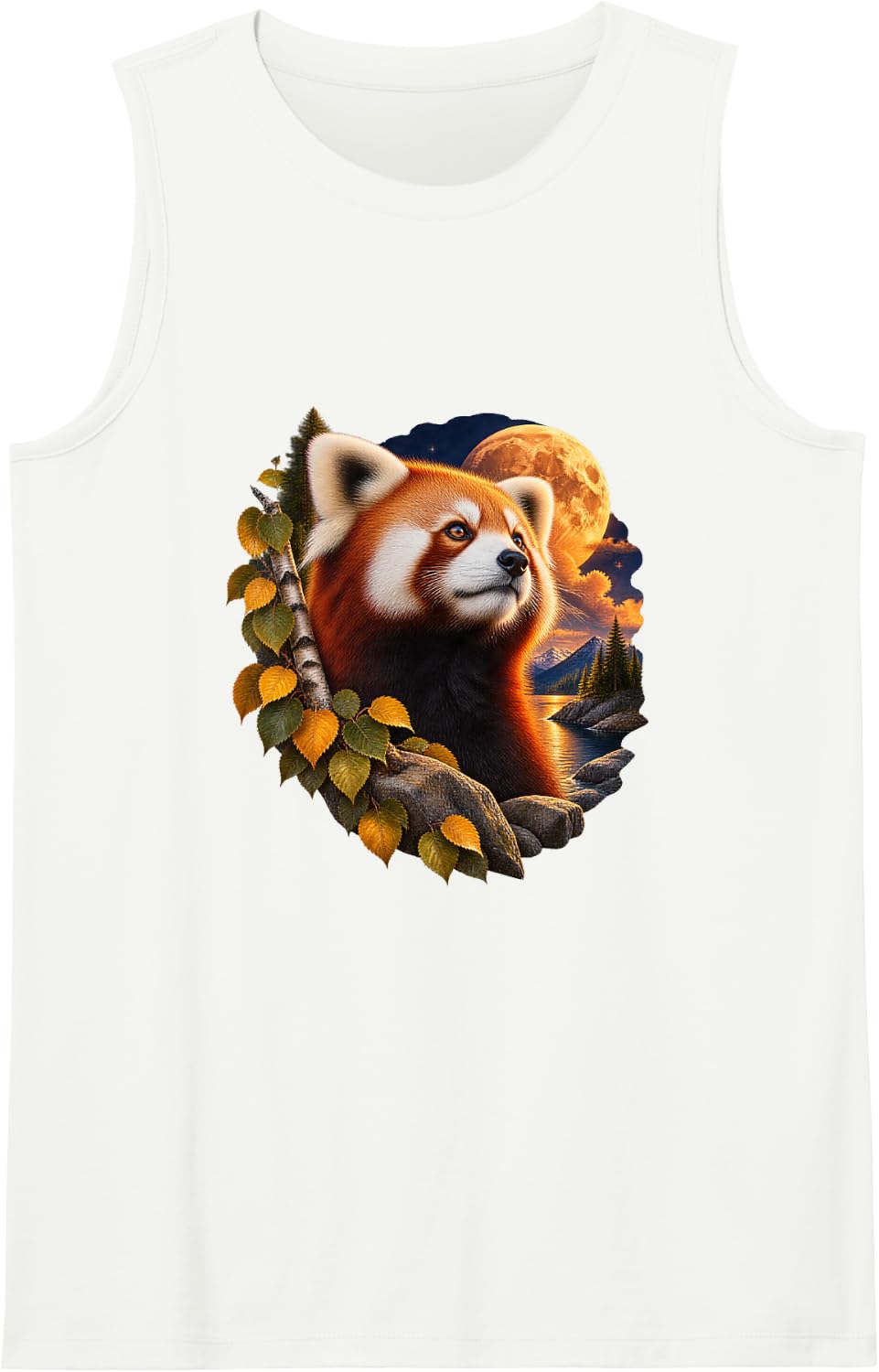 Russet Panda at a Pine Moonset Sleeveless Tank Top - White