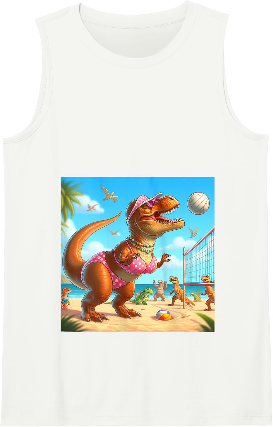 Trex Dinosaur wearing a Pink Bikini Playing Volleyball T-rex Tank Top - White