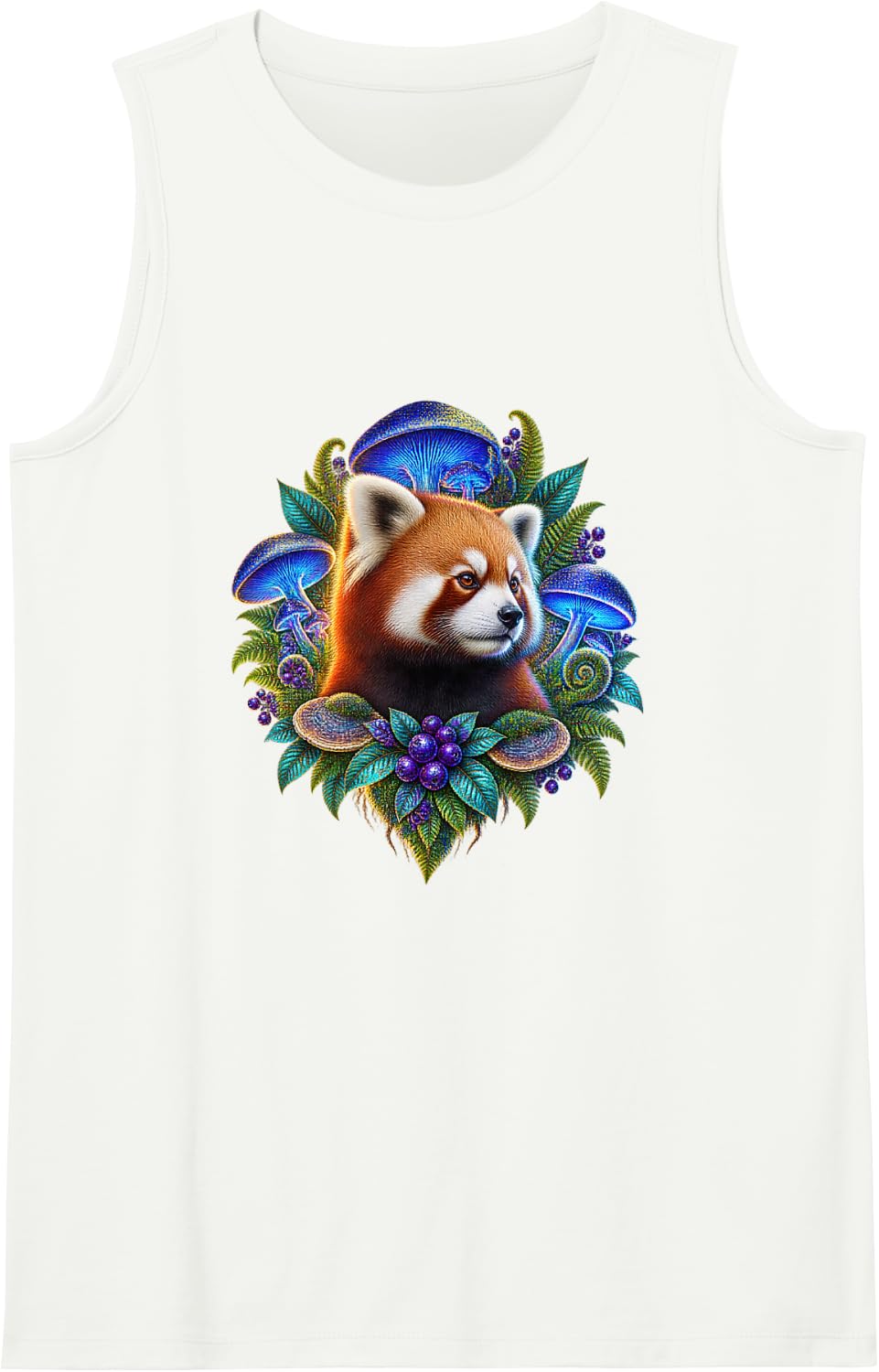 Russet Panda Among Blue Mushrooms and Ferns Sleeveless Tank Top - White