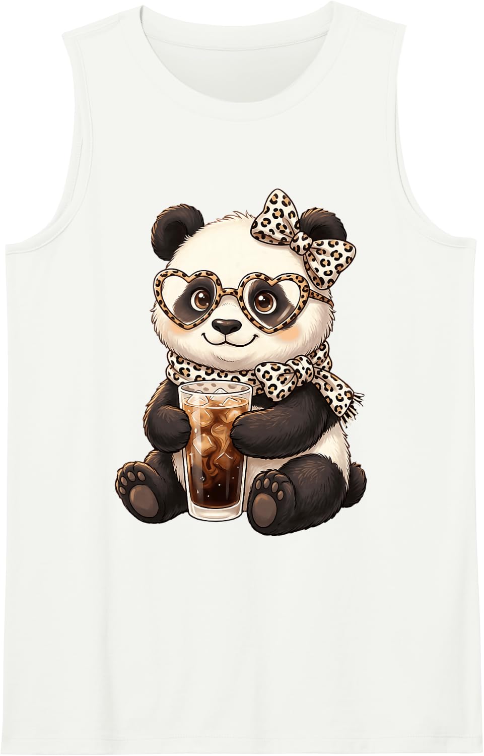 Panda Drinking Iced Coffee Motif Animal Funny Panda Bear Sleeveless Tank Top - White