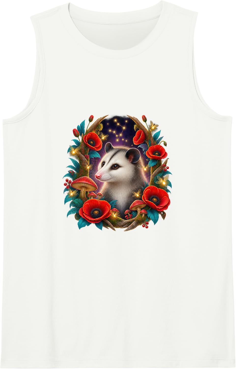 Opossum with Red Woodland Flowers Sleeveless Tank Top - White