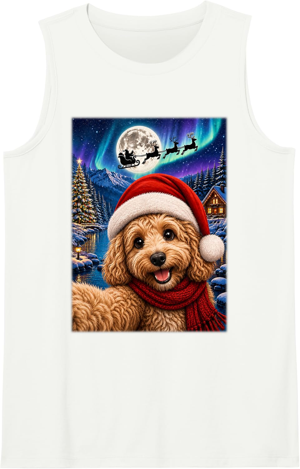 Cockapoo Dog Christmas Selfie Moon Night Santa Sleigh Xmas Tank Top - White