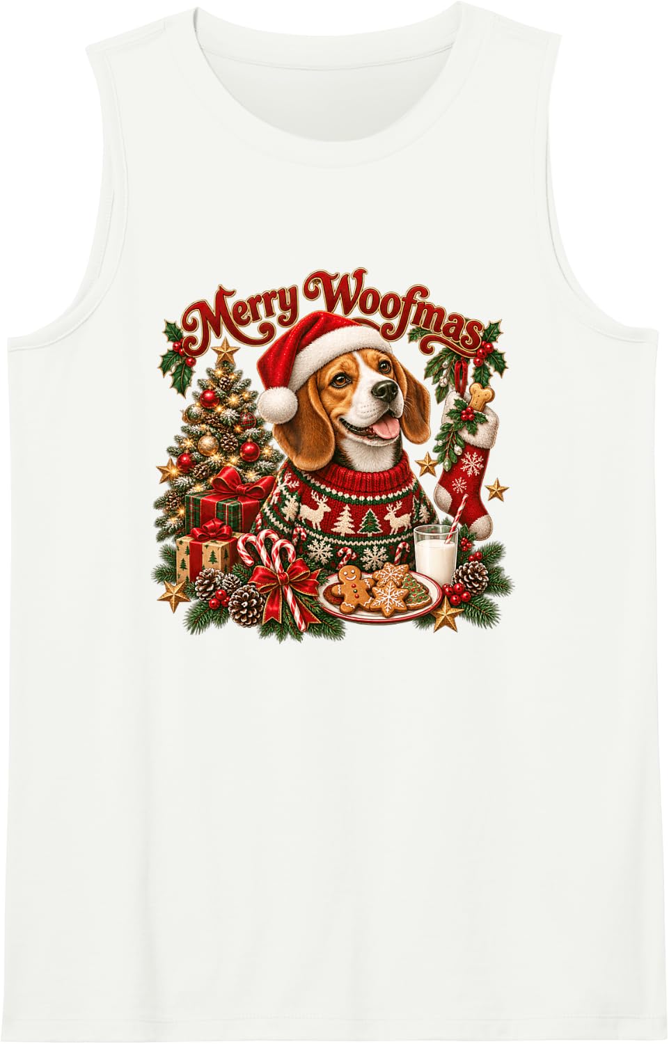 Merry Woofmas Beagle Santa Christmas Sleeveless Tank Top - White