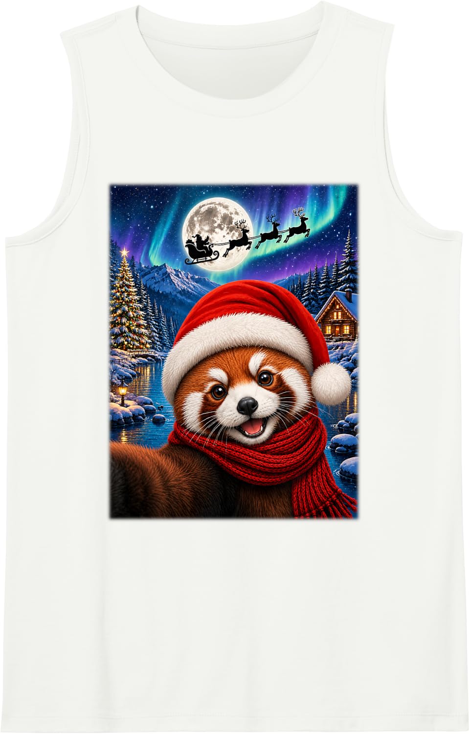 Red Panda Christmas Selfie Full Moon Night Santa Sleigh Xmas Tank Top - White