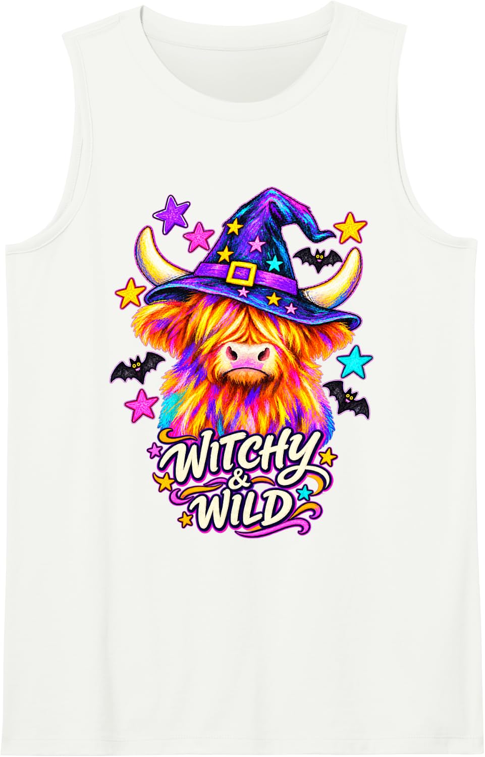 Witchy and Wild Colorful Highland Cow Halloween Art Sleeveless Tank Top - White