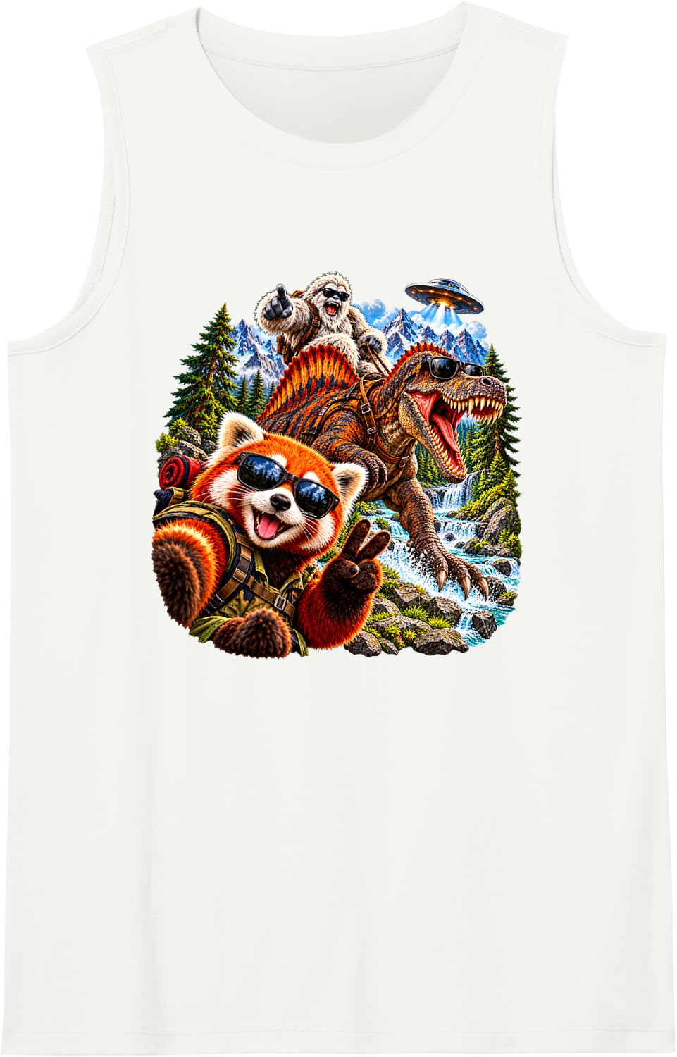 Yeti Dinosaur Red Panda Selfie UFO Mountain Forest Cryptid Sleeveless Tank Top - White