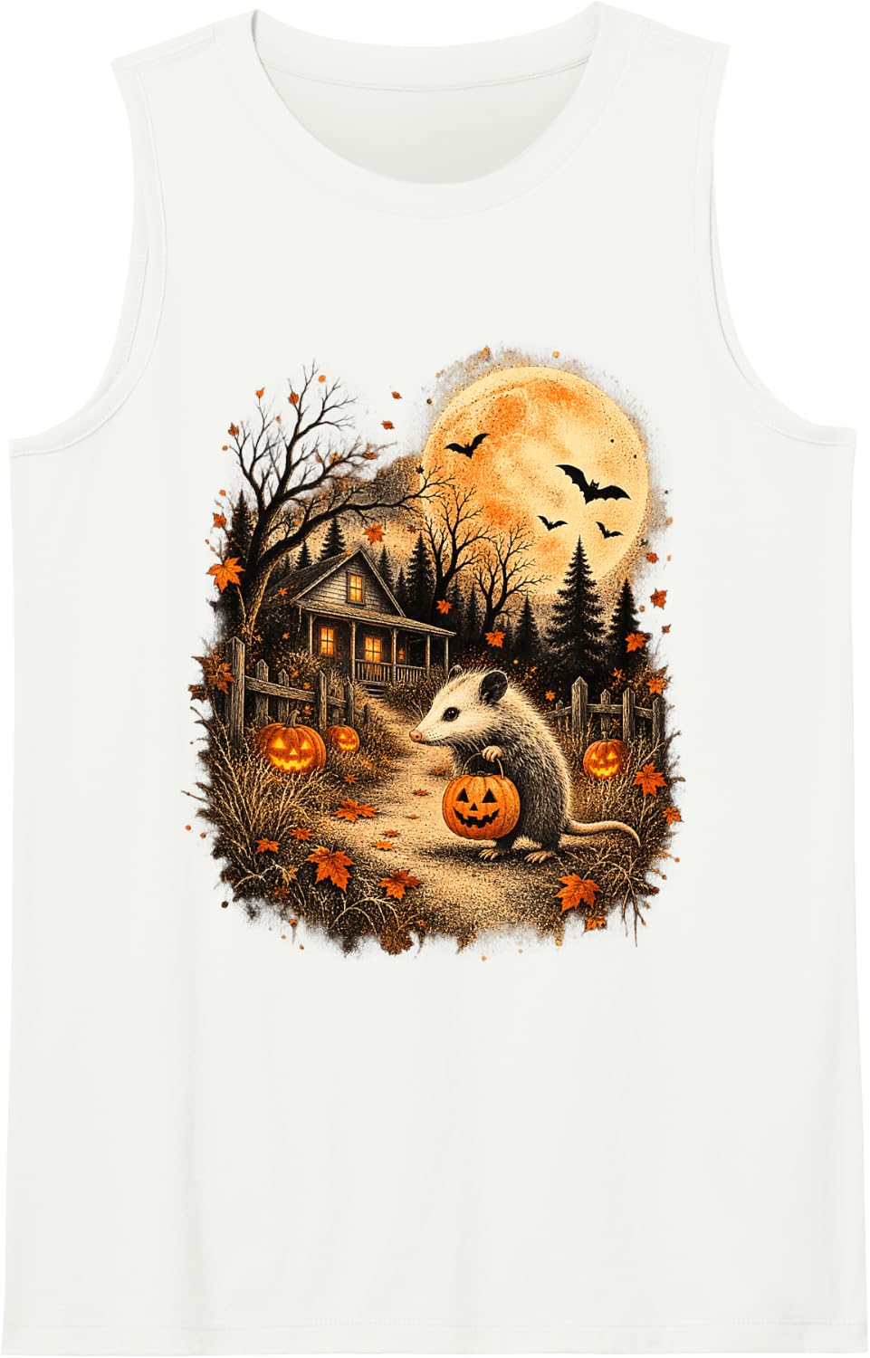 Halloween Opossum Pumpkin Full Moon Spooky Sleeveless Tank Top - White