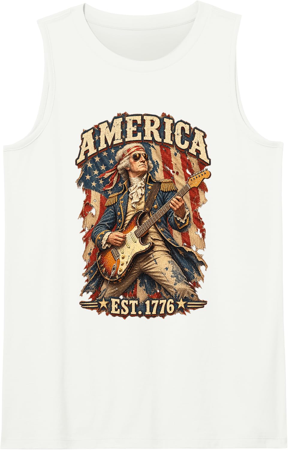 George Washington Playing Guitar Funny 4th of July President Sleeveless Tank Top - White