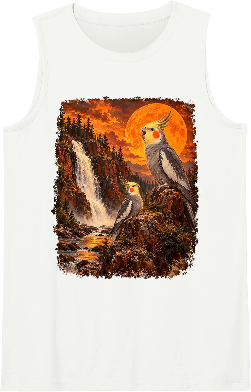 Cockatiel Moon Bird Parrot Scenic Waterfall Owners Sleeveless Tank Top - White