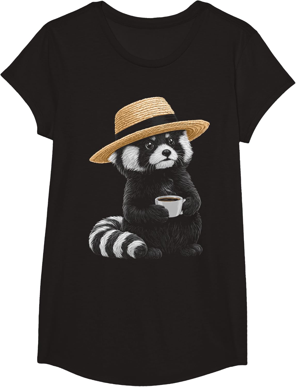 Funny Coffee Hat Design Art Cute Red Panda T-Shirt - Girls Black