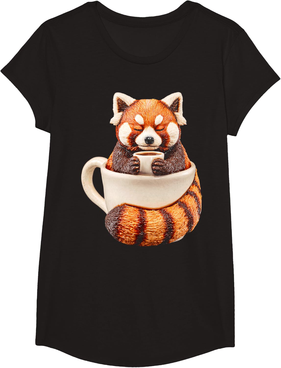 Red Panda Drinking Coffee Motif T-Shirt - Girls Black