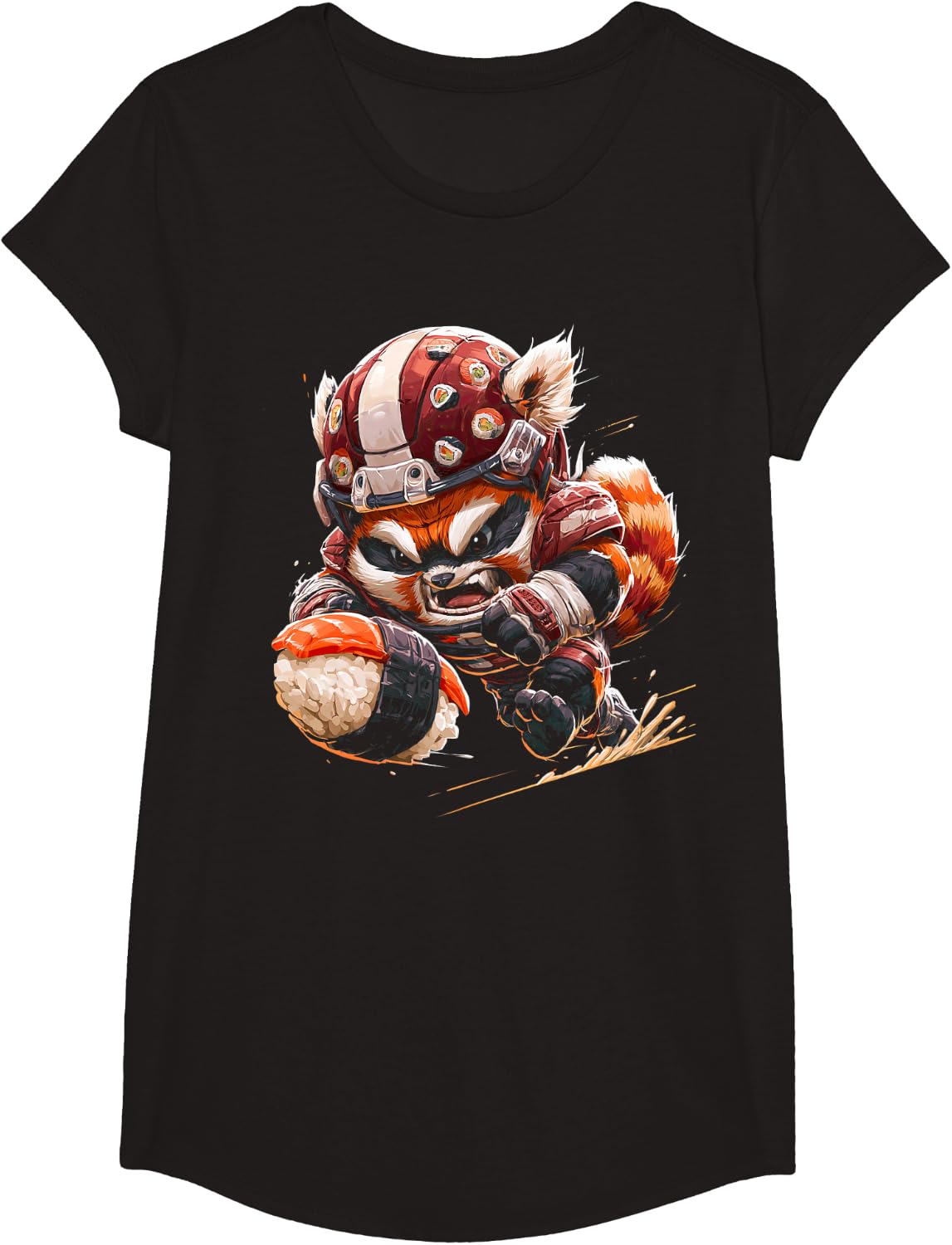 Funny Football Sushi Red Panda T-Shirt - Girls Black
