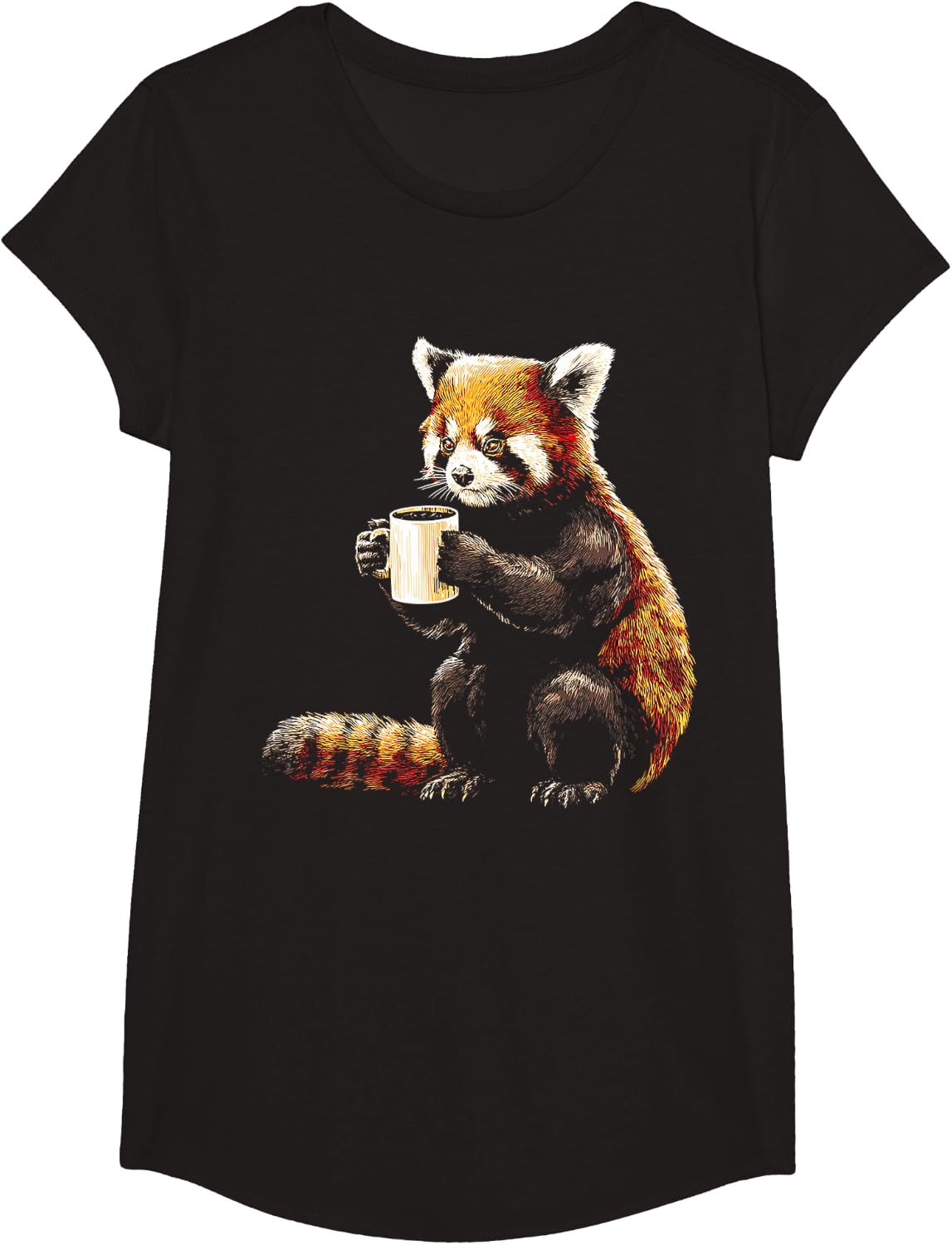 Red Panda Coffee Cup Motif Animal Lover Art T-Shirt - Girls Black