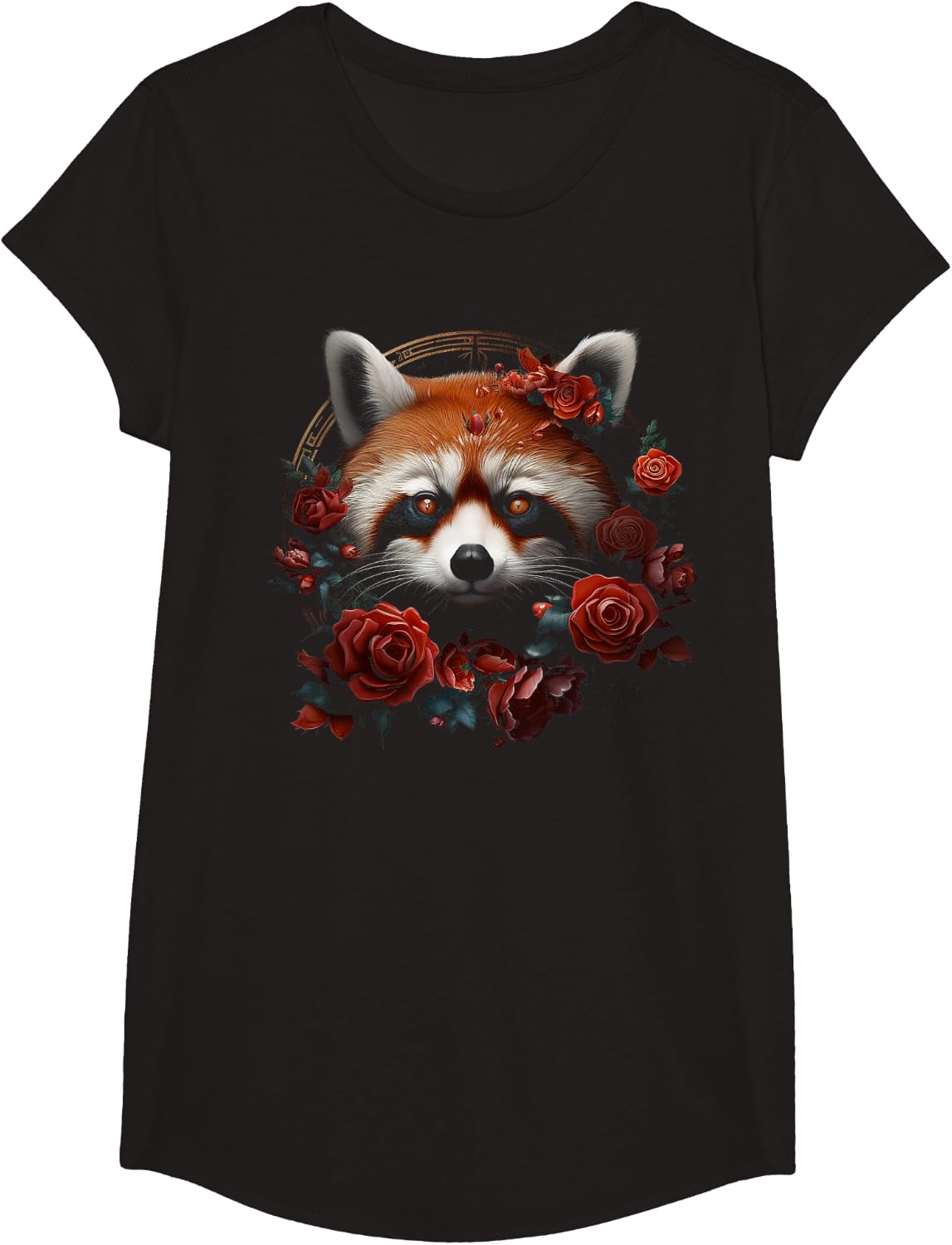 Red Panda Flower Artwork | Animal Rose Motif Red Panda T-Shirt - Girls Black