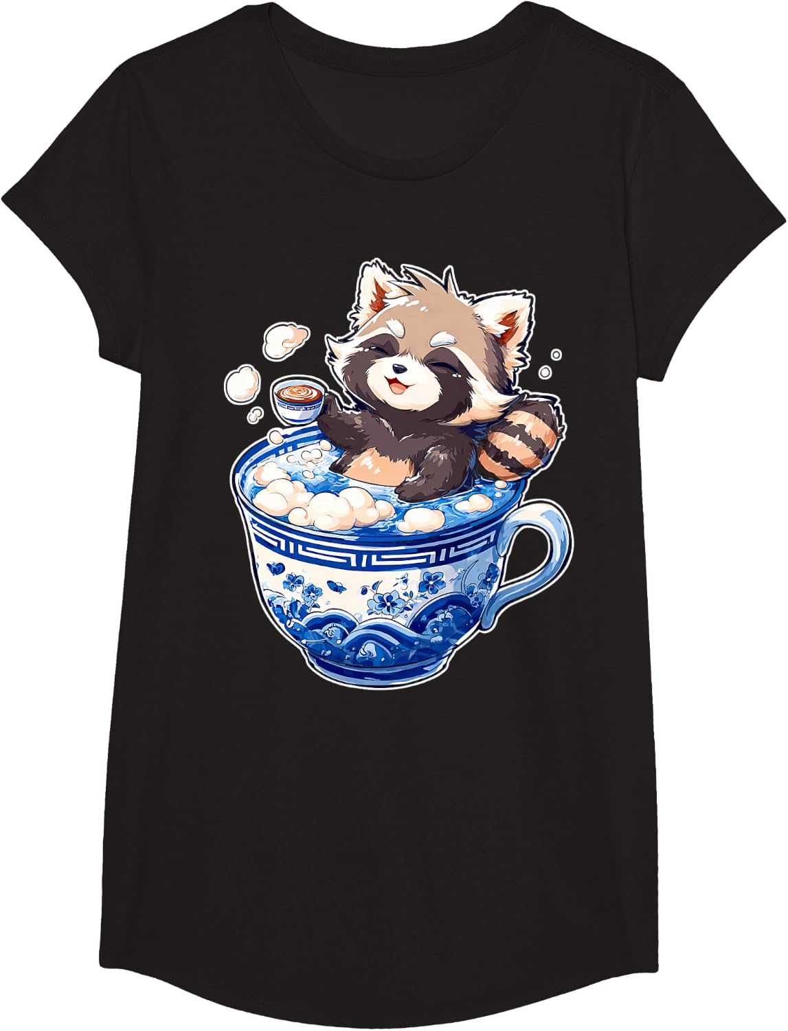 Red Panda Lover Tea Art T-Shirt - Girls Black